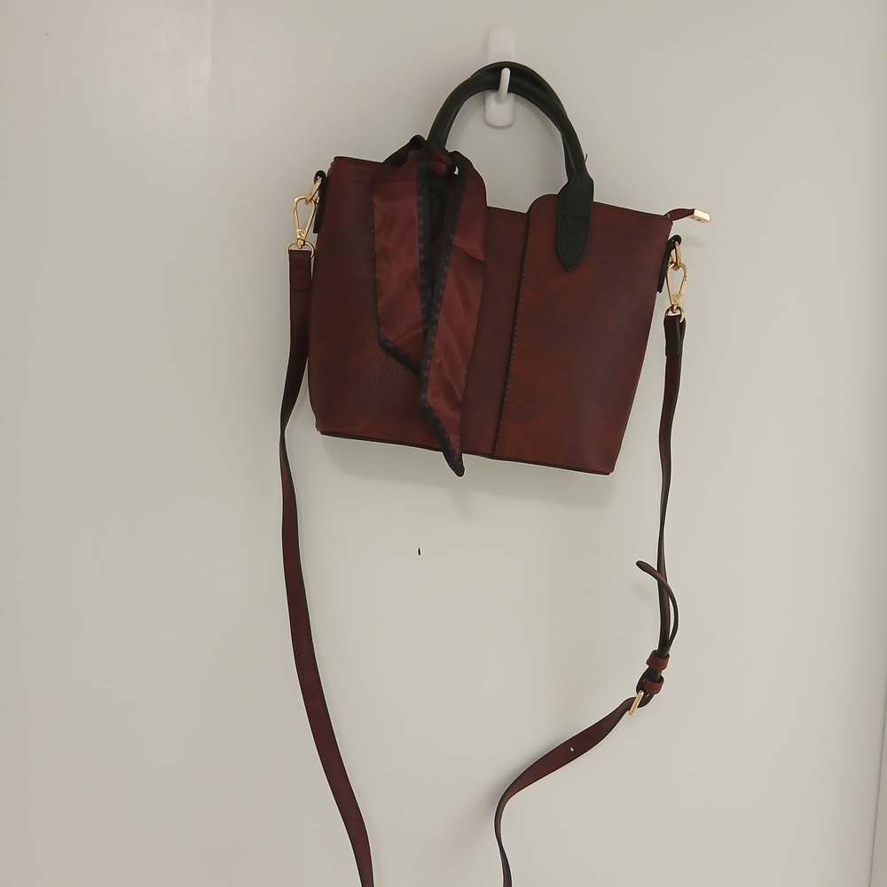 Women’s Brown Faux-Leather Satchel Bag with Scarf Accent